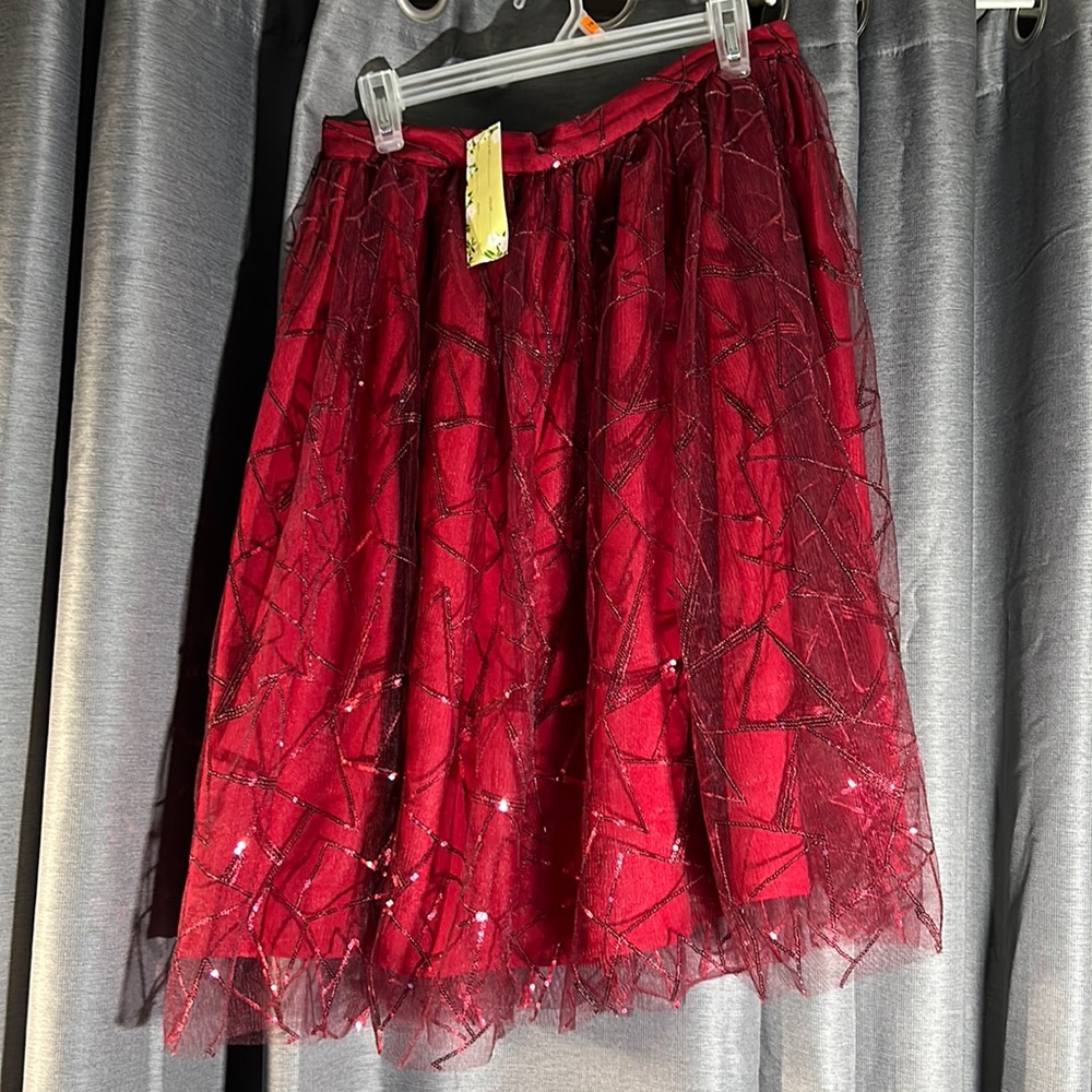 Unique Vintage Ruby Red Chiffon Sequined Skirt